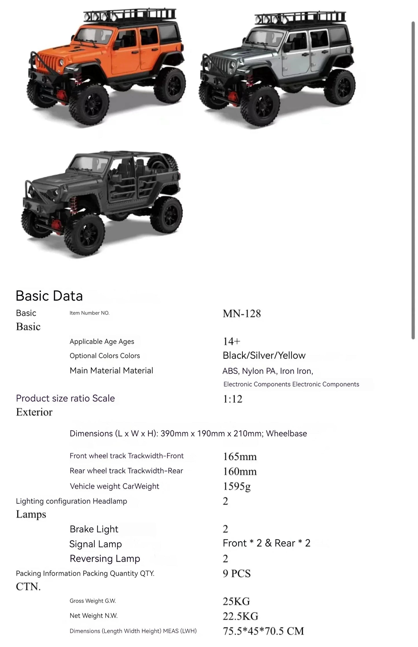 MN128 1/12 RC coche 4WD Jeep modelo 2,4G Control remoto luz LED 4X4 todoterreno 4WD escalada RC